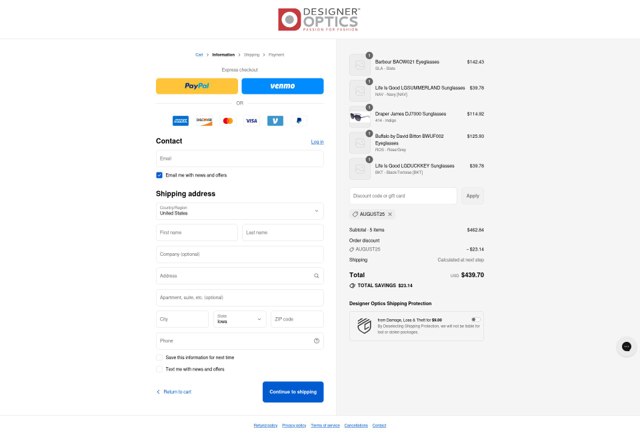 Designer Optics checkout page showing Designer Optics coupon code box | Screenshot taken by SimplyCodes community member on Aug 27, 2025