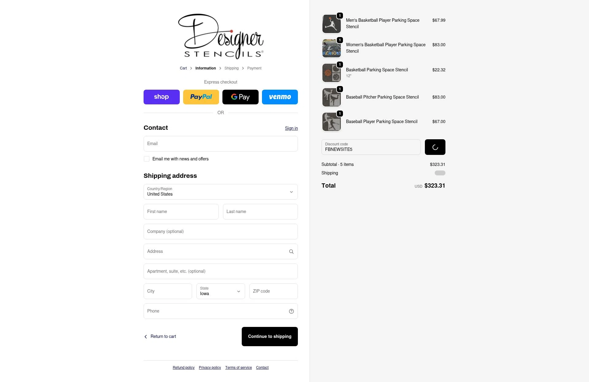 Designer Stencils checkout page showing Designer Stencils coupon code box | Screenshot taken by SimplyCodes community member on Jan 5, 2026