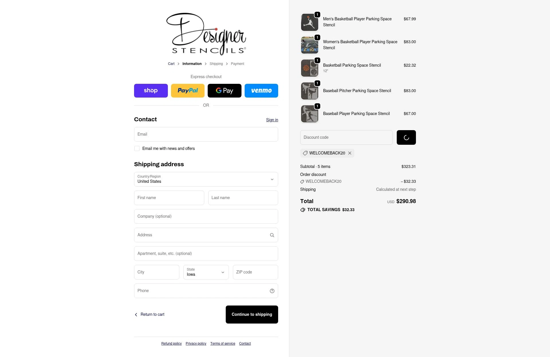 Designer Stencils checkout page showing Designer Stencils coupon code box | Screenshot taken by SimplyCodes community member on Jan 5, 2026