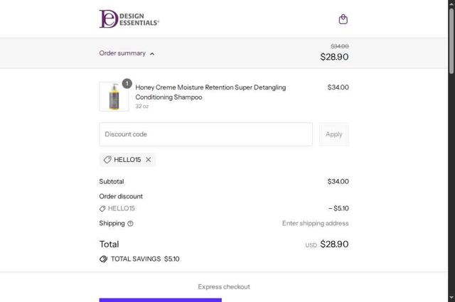 Design Essentials checkout page showing Design Essentials coupon code box | Screenshot taken by SimplyCodes community member on Sep 7, 2025