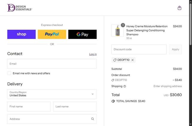Design Essentials checkout page showing Design Essentials coupon code box | Screenshot taken by SimplyCodes community member on Sep 7, 2025