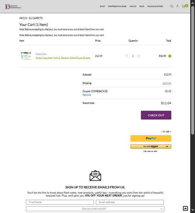 Design Essentials checkout page showing Design Essentials coupon code box | Screenshot taken by SimplyCodes community member on Jul 29, 2025