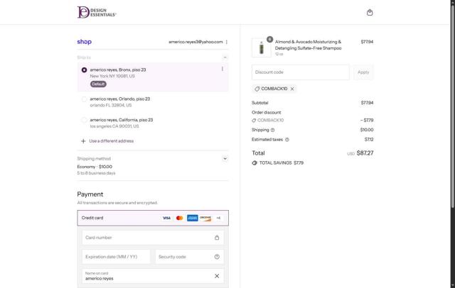 Design Essentials checkout page showing Design Essentials coupon code box | Screenshot taken by SimplyCodes community member on Sep 7, 2025