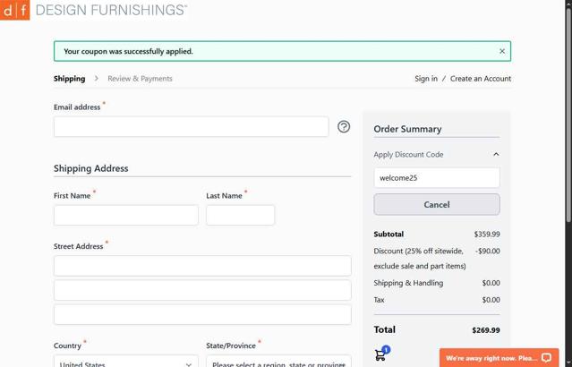 Design Furnishings checkout page showing Design Furnishings promo code box | Screenshot taken by SimplyCodes community member on Aug 5, 2025