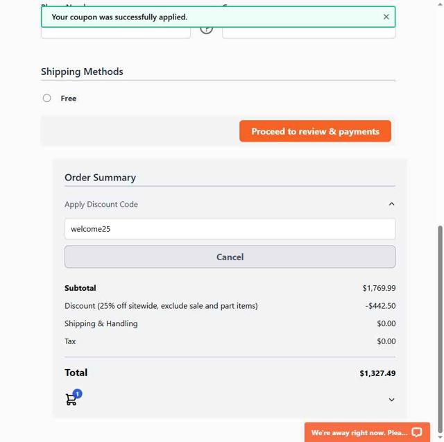 Design Furnishings checkout page showing Design Furnishings promo code box | Screenshot taken by SimplyCodes community member on Jul 2, 2025