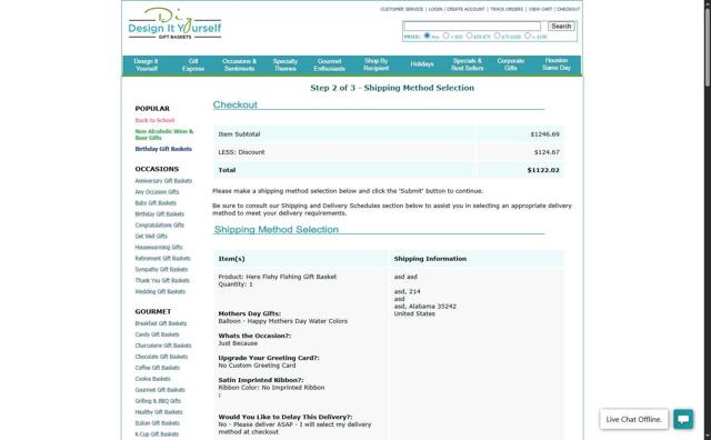 Design It Yourself Gift Baskets checkout page showing Design It Yourself Gift Baskets promo code box | Screenshot taken by SimplyCodes community member on Aug 11, 2025