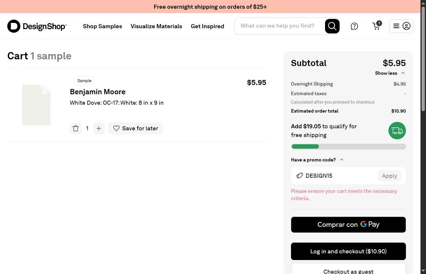 DesignShop checkout page showing DesignShop promo code box | Screenshot taken by SimplyCodes community member on May 10, 2025