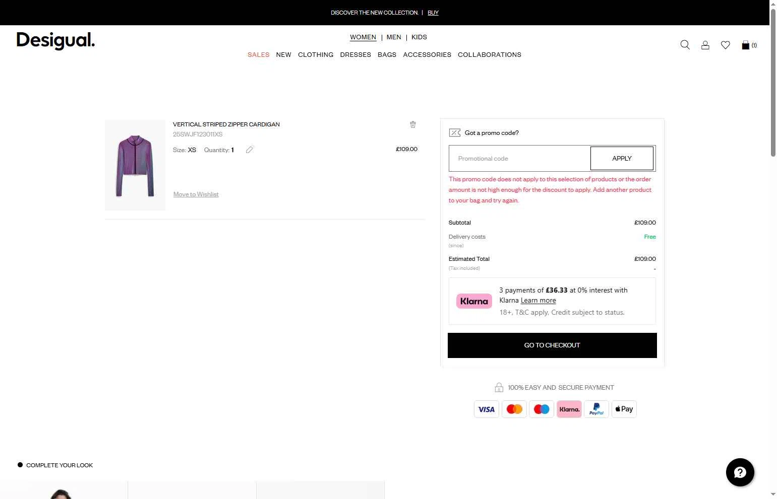 Desigual checkout page showing Desigual promo code box | Screenshot taken by SimplyCodes community member on Jan 30, 2026