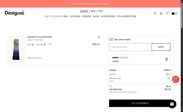 Desigual checkout page showing Desigual promo code box | Screenshot taken by SimplyCodes community member on Aug 16, 2025