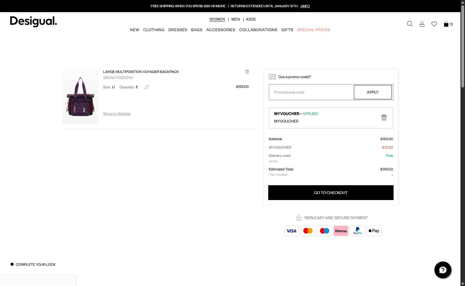 Desigual checkout page showing Desigual promo code box | Screenshot taken by SimplyCodes community member on Dec 9, 2025