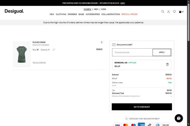 Desigual checkout page showing Desigual promo code box | Screenshot taken by SimplyCodes community member on Aug 27, 2025