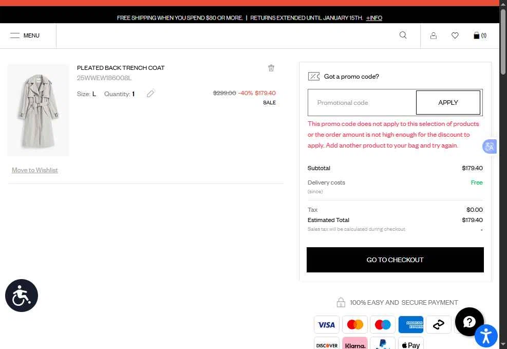 Desigual checkout page showing Desigual promo code box | Screenshot taken by SimplyCodes community member on Dec 30, 2025