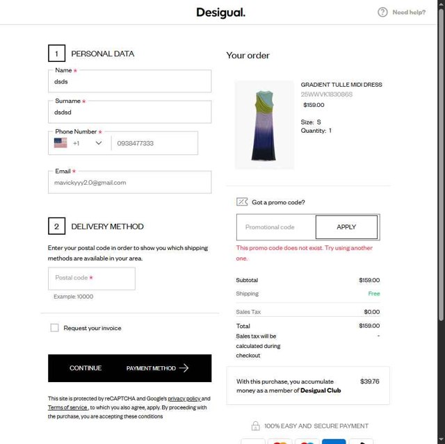Desigual checkout page showing Desigual promo code box | Screenshot taken by SimplyCodes community member on Aug 10, 2025