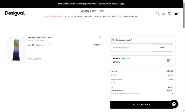 Desigual checkout page showing Desigual promo code box | Screenshot taken by SimplyCodes community member on Sep 30, 2025