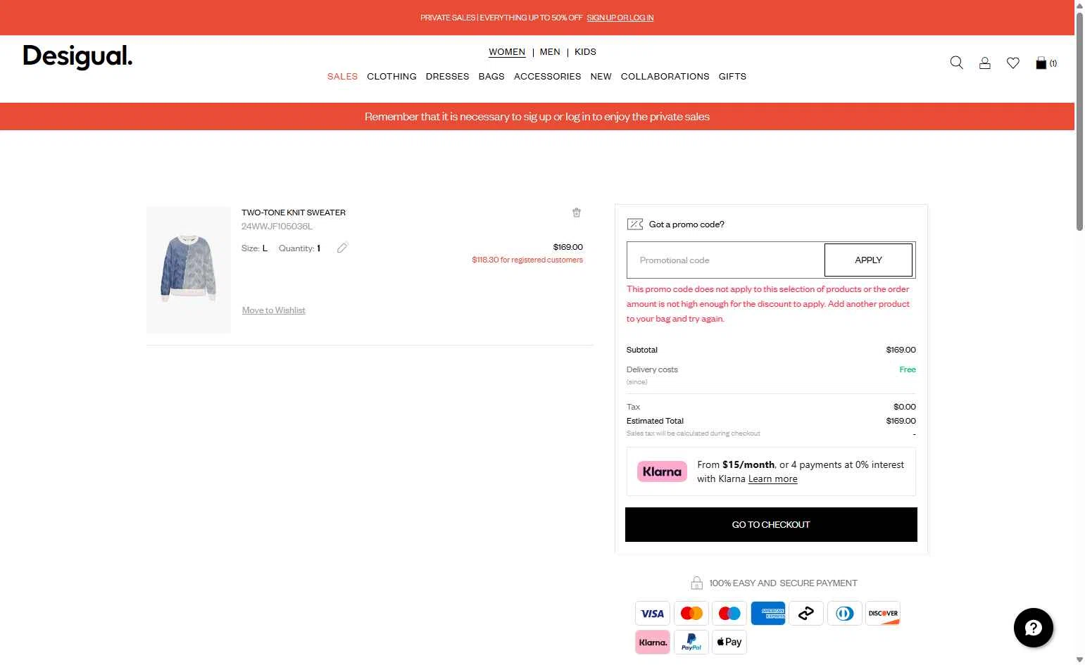 Desigual checkout page showing Desigual promo code box | Screenshot taken by SimplyCodes community member on Dec 11, 2025