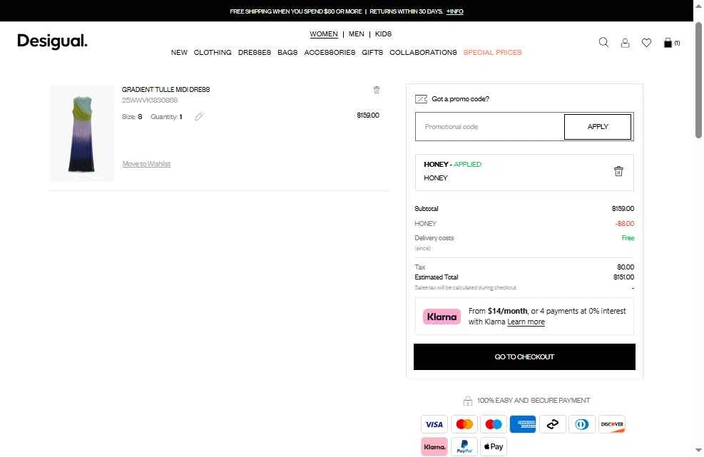 Desigual checkout page showing Desigual promo code box | Screenshot taken by SimplyCodes community member on Nov 18, 2025