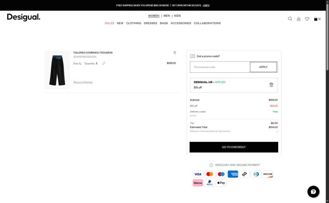 Desigual checkout page showing Desigual promo code box | Screenshot taken by SimplyCodes community member on Aug 1, 2025