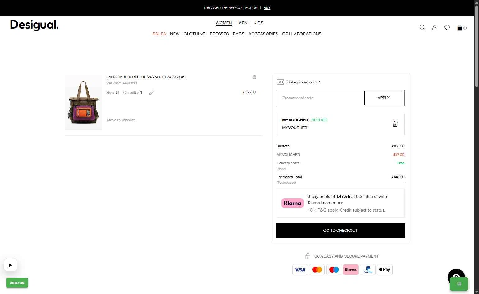 Desigual checkout page showing Desigual promo code box | Screenshot taken by SimplyCodes community member on Jan 21, 2026