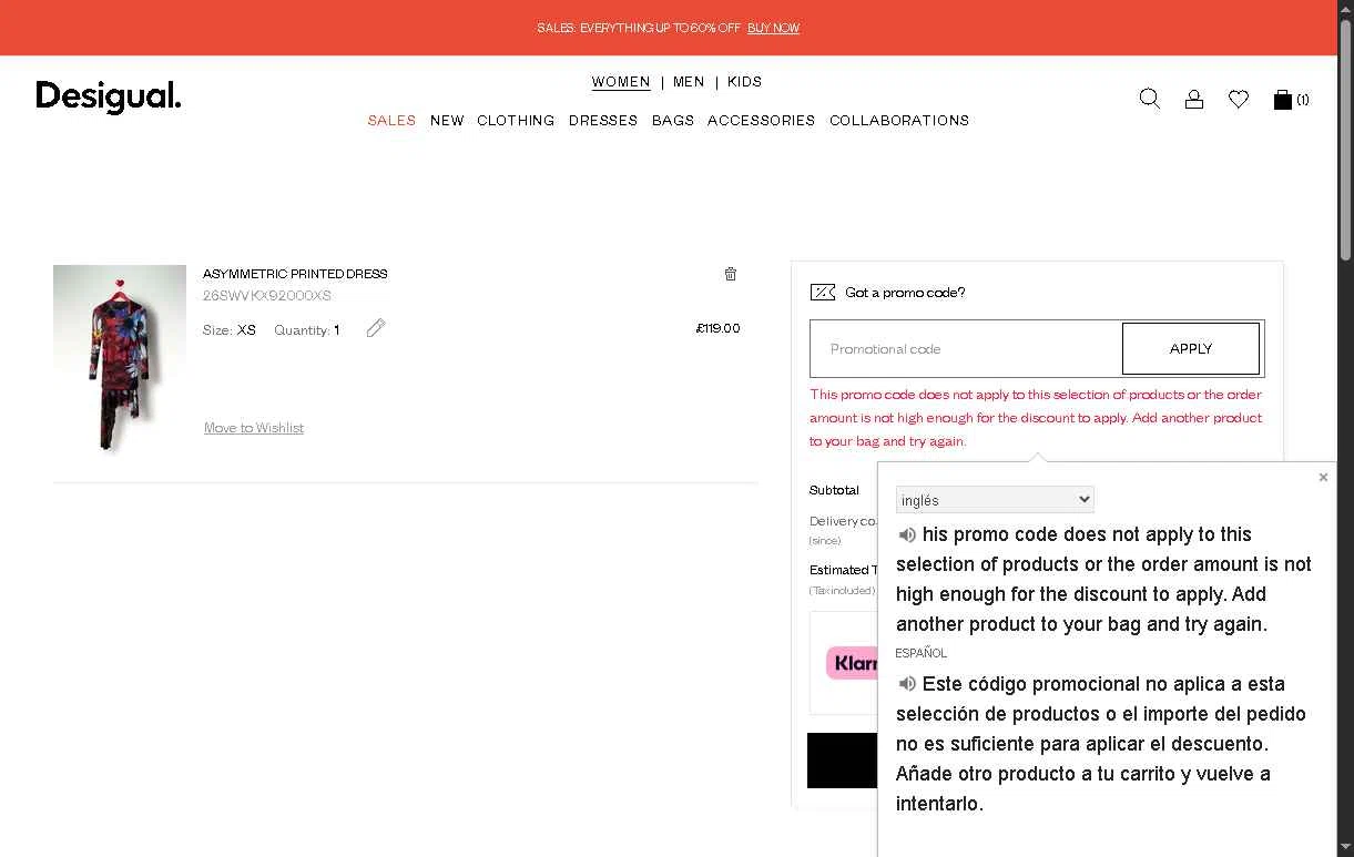 Desigual checkout page showing Desigual promo code box | Screenshot taken by SimplyCodes community member on Jan 26, 2026