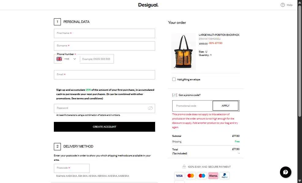 Desigual checkout page showing Desigual promo code box | Screenshot taken by SimplyCodes community member on Jan 1, 2026
