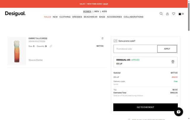 Desigual checkout page showing Desigual promo code box | Screenshot taken by SimplyCodes community member on Jul 3, 2025