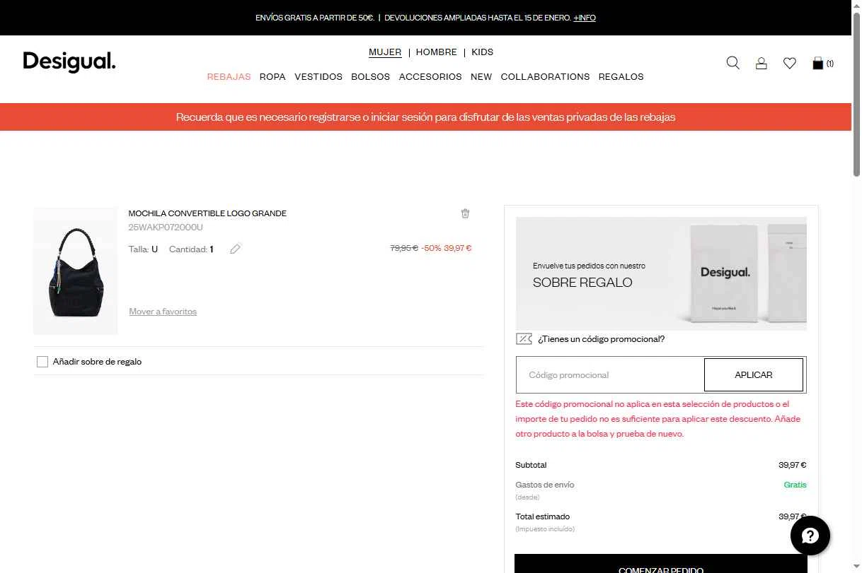 Desigual checkout page showing Desigual promo code box | Screenshot taken by SimplyCodes community member on Dec 30, 2025