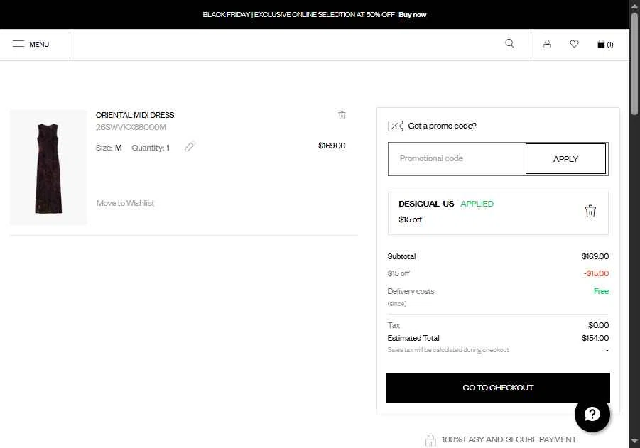 Desigual checkout page showing Desigual promo code box | Screenshot taken by SimplyCodes community member on Nov 27, 2025