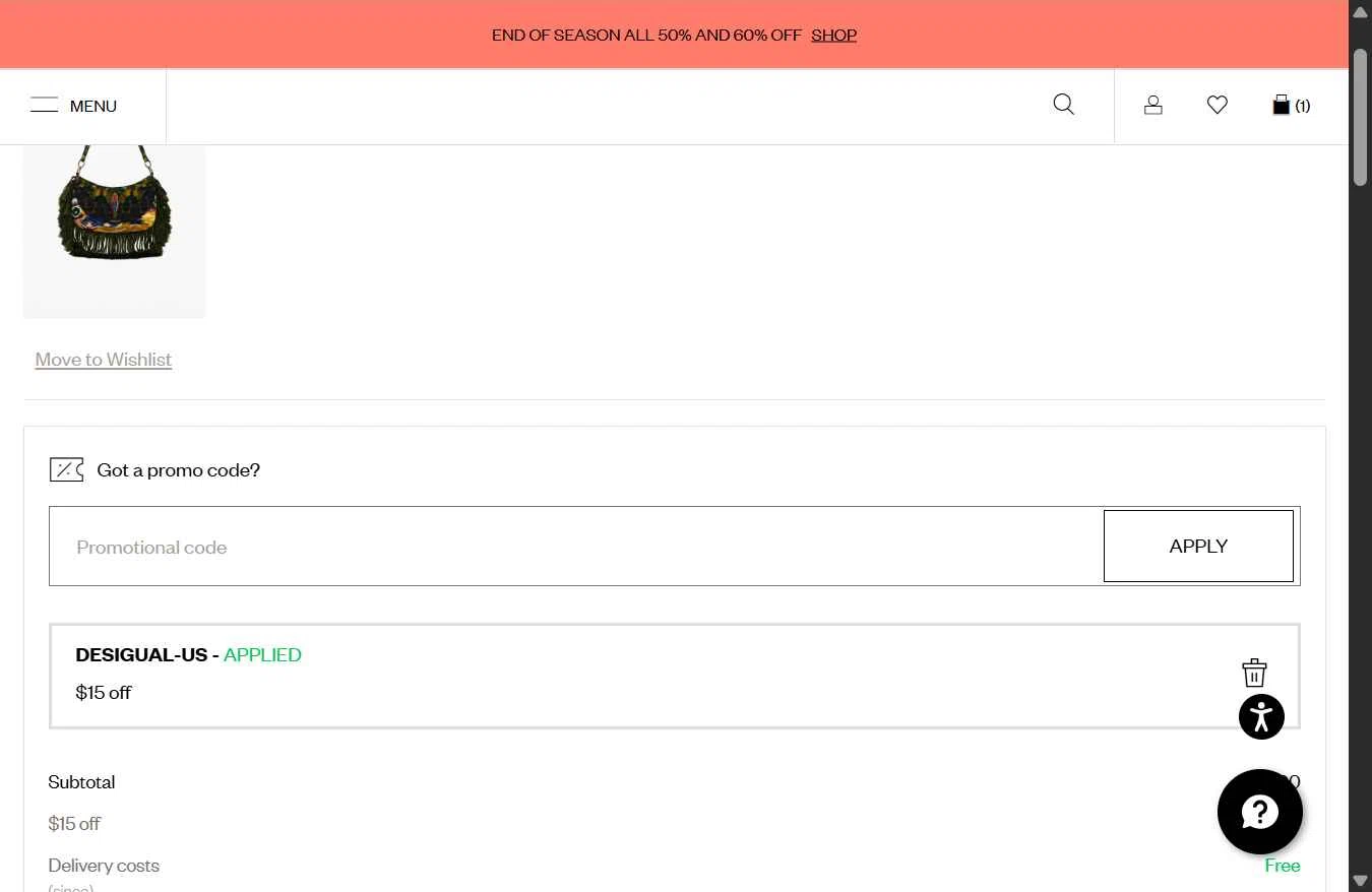 Desigual checkout page showing Desigual promo code box | Screenshot taken by SimplyCodes community member on Feb 15, 2026