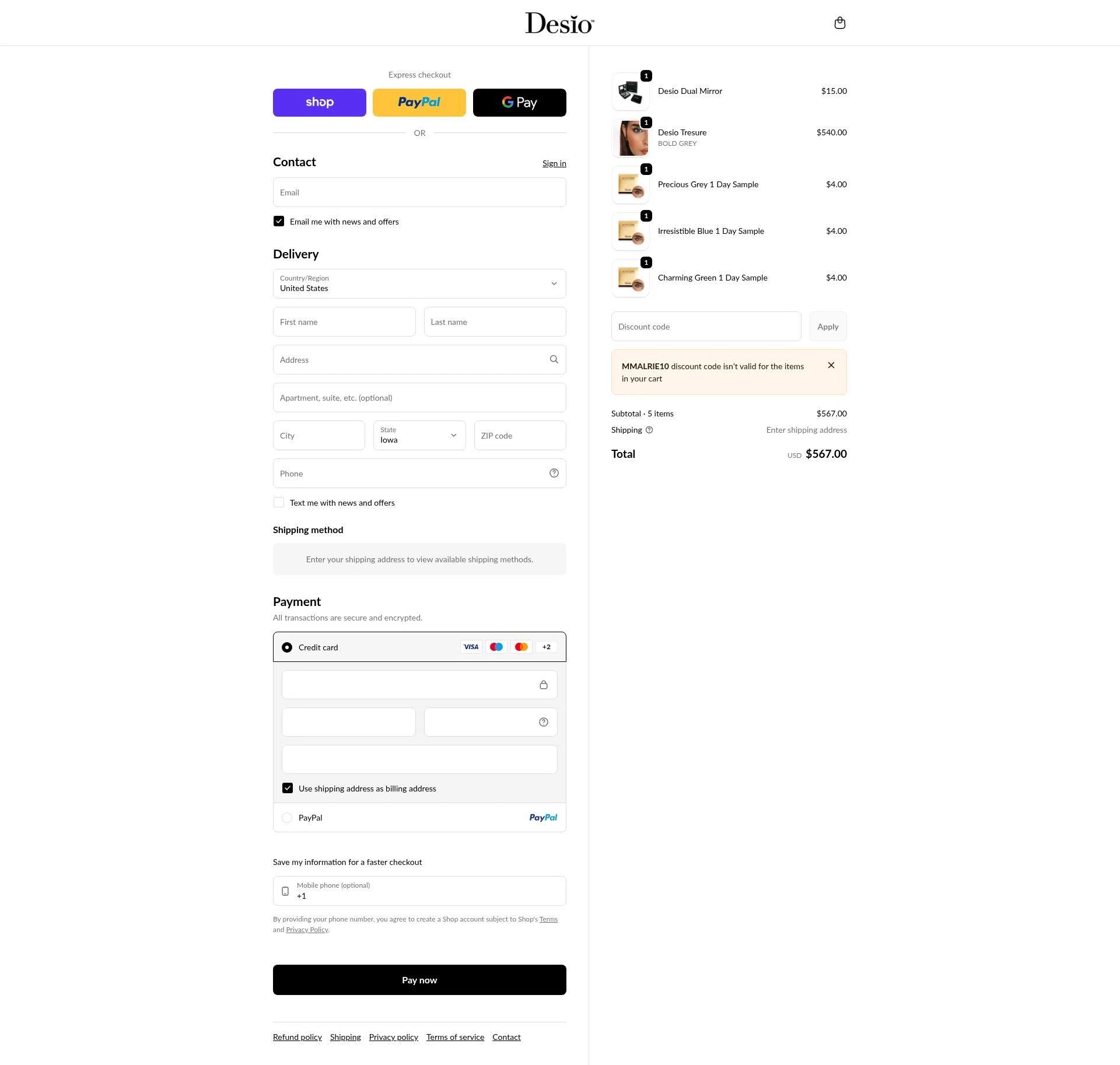 DesioLens checkout page showing DesioLens discount code box | Screenshot taken by SimplyCodes community member on Feb 23, 2026