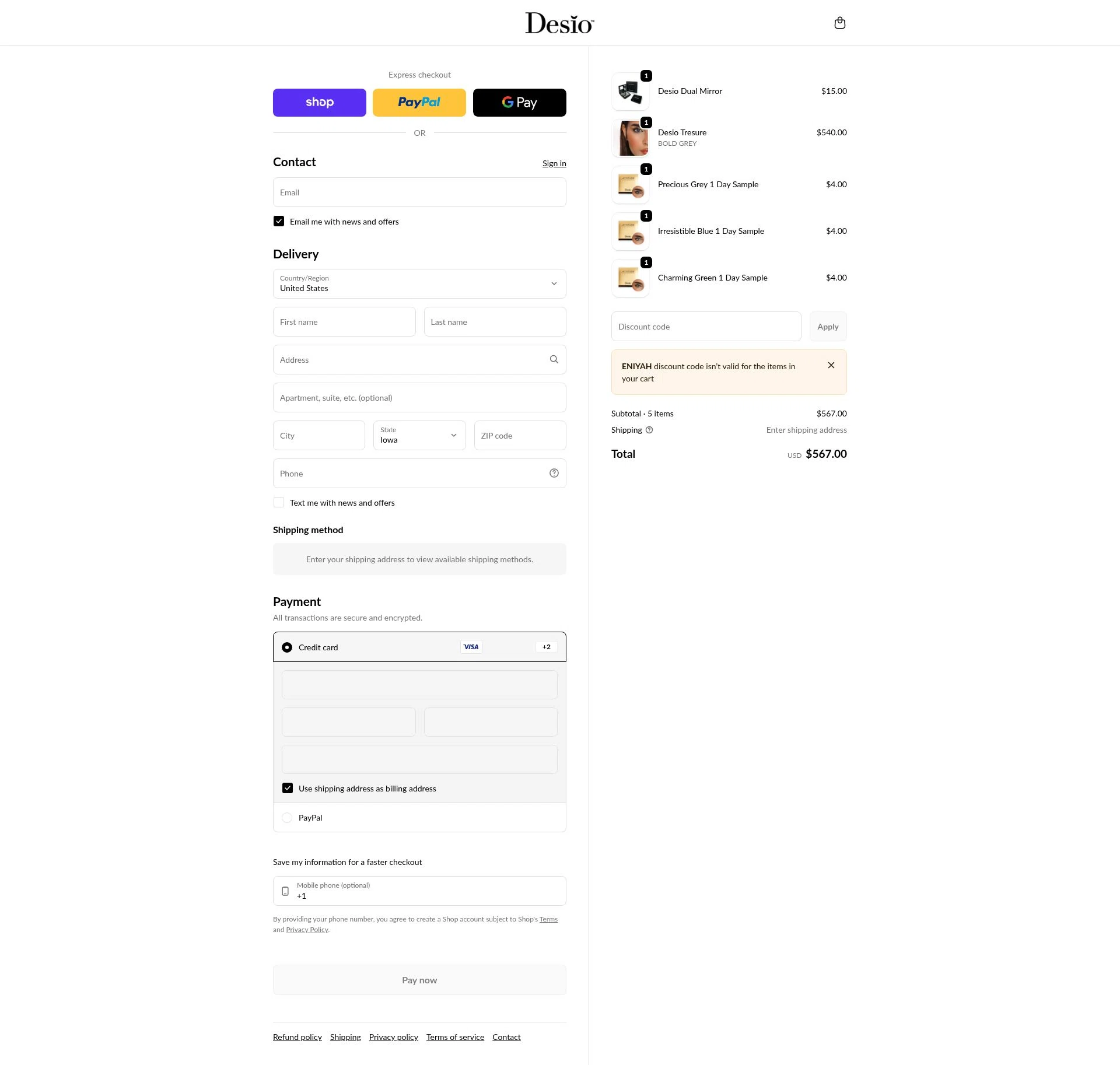 DesioLens checkout page showing DesioLens discount code box | Screenshot taken by SimplyCodes community member on Feb 23, 2026