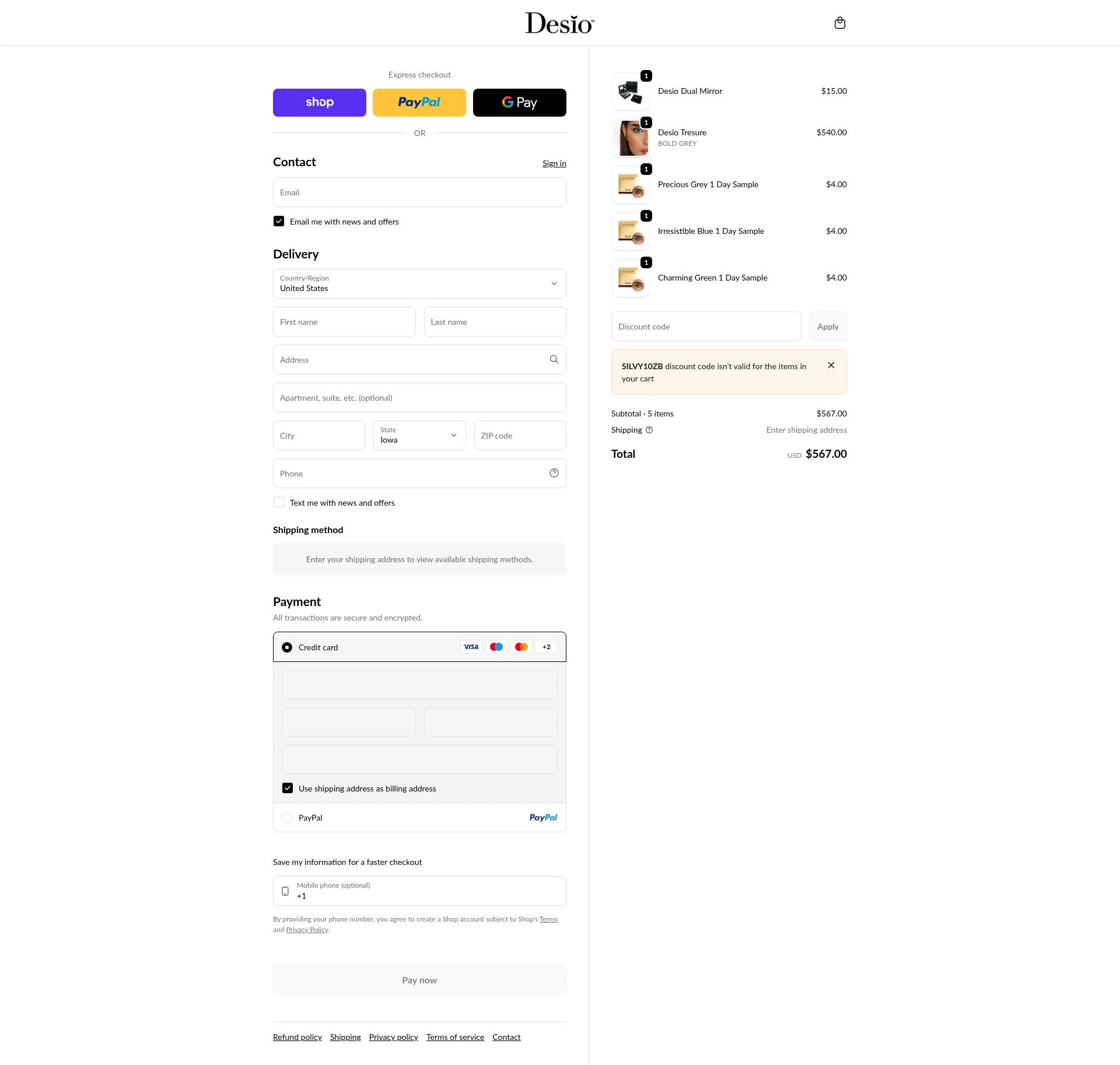 DesioLens checkout page showing DesioLens discount code box | Screenshot taken by SimplyCodes community member on Feb 23, 2026