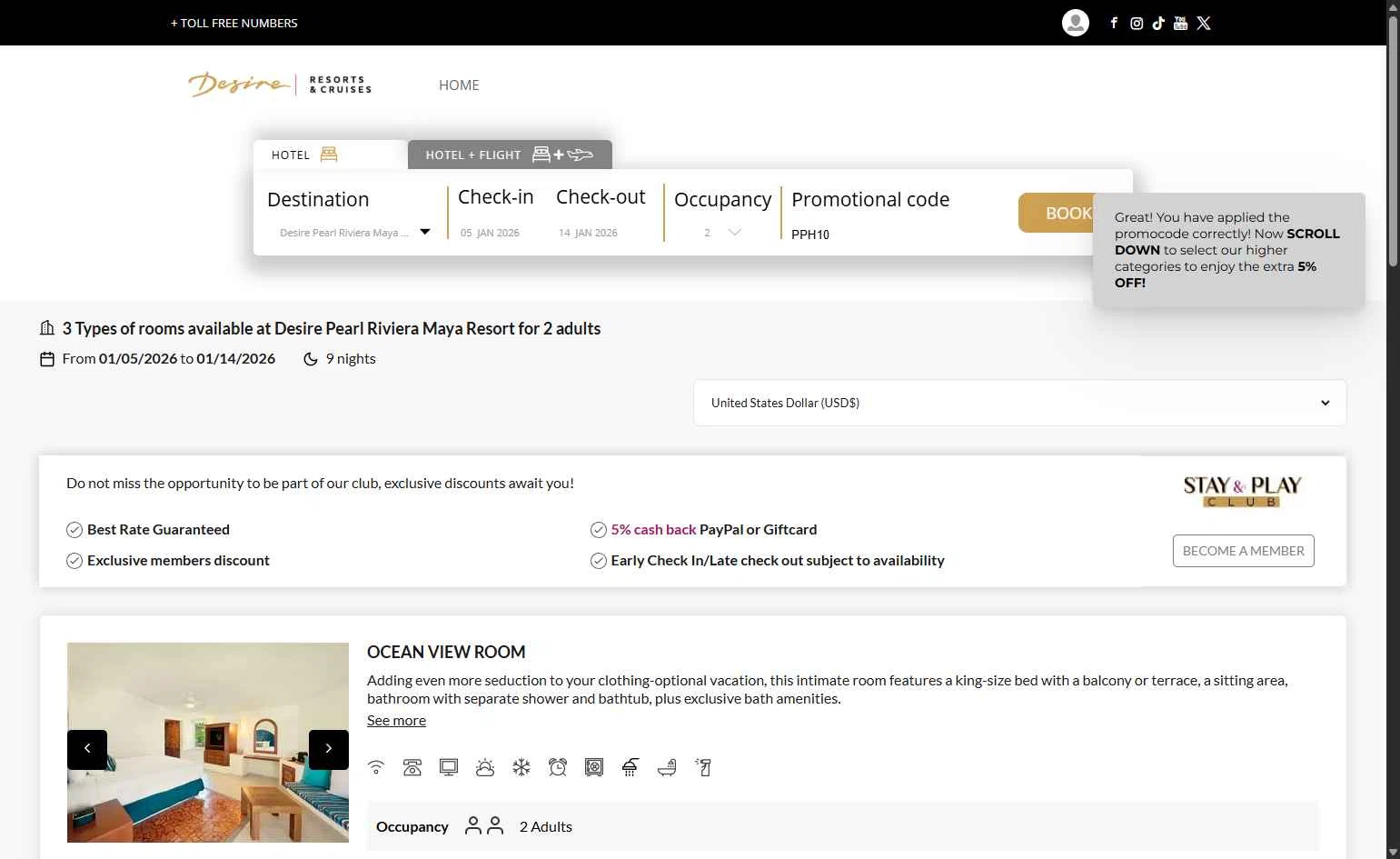 Desire Riviera Maya Resort checkout page showing Desire Riviera Maya Resort promo code box | Screenshot taken by SimplyCodes community member on Dec 11, 2025