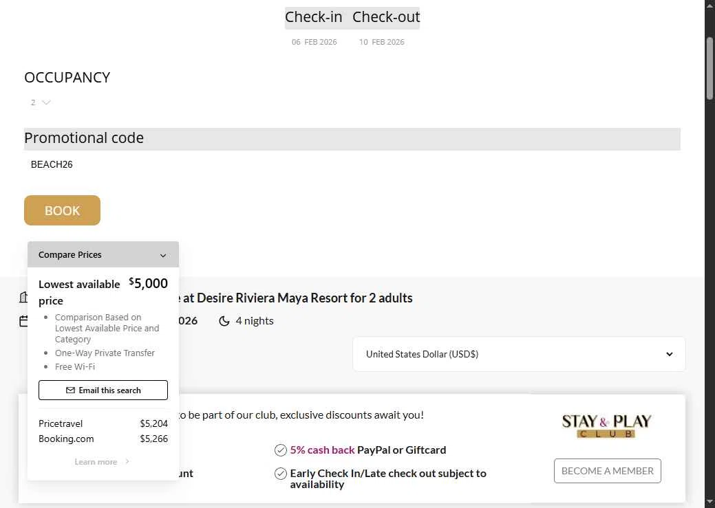 Desire Riviera Maya Resort checkout page showing Desire Riviera Maya Resort promo code box | Screenshot taken by SimplyCodes community member on Dec 3, 2025