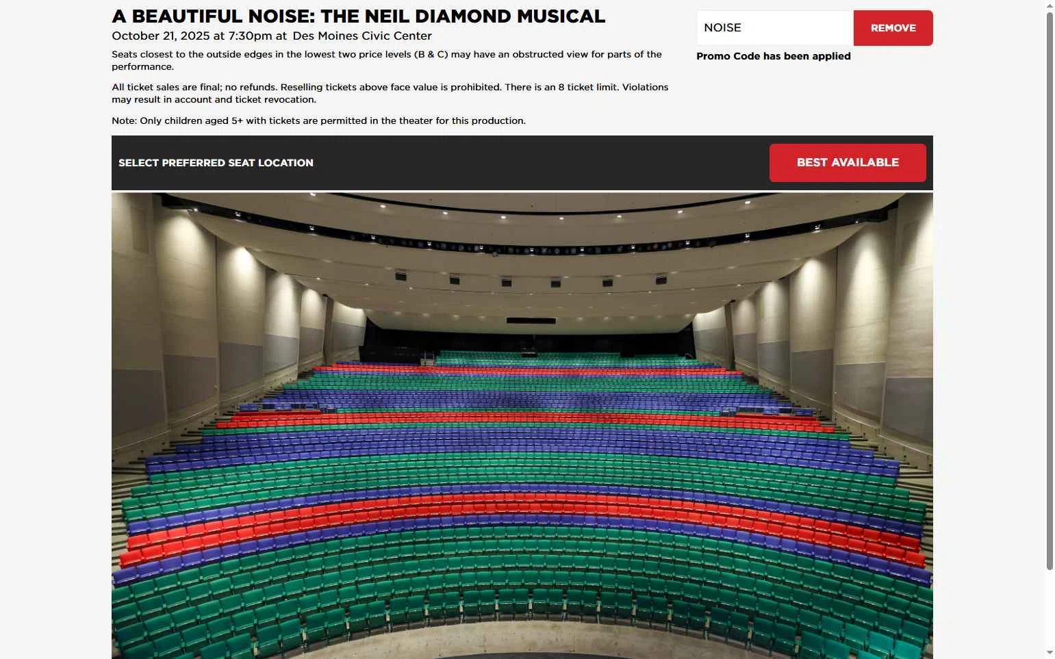 Des Moines Performing Arts checkout page showing Des Moines Performing Arts promo code box | Screenshot taken by SimplyCodes community member on Oct 17, 2025