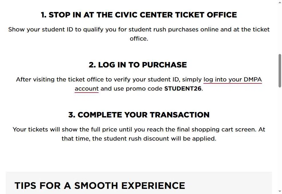 Des Moines Performing Arts checkout page showing Des Moines Performing Arts promo code box | Screenshot taken by SimplyCodes community member on Nov 21, 2025