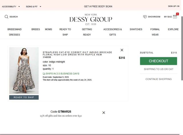 Dessy checkout page showing Dessy coupon code box | Screenshot taken by SimplyCodes community member on Jul 21, 2025