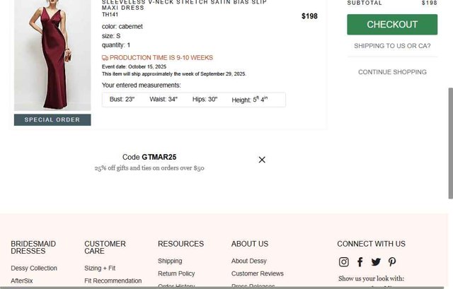 Dessy checkout page showing Dessy coupon code box | Screenshot taken by SimplyCodes community member on Jul 21, 2025