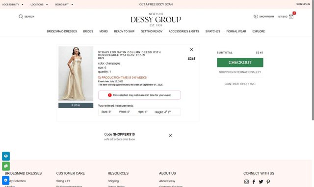 Dessy checkout page showing Dessy coupon code box | Screenshot taken by SimplyCodes community member on Jul 21, 2025