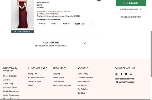 Dessy checkout page showing Dessy coupon code box | Screenshot taken by SimplyCodes community member on Jul 21, 2025