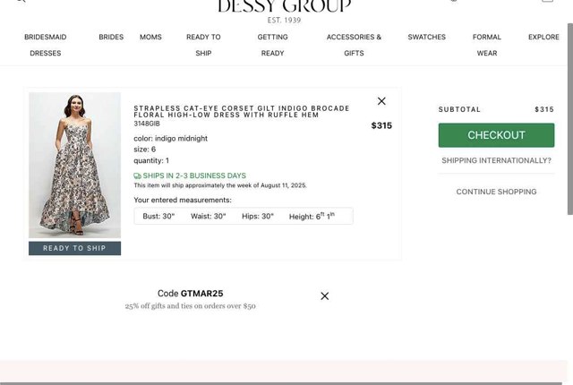 Dessy checkout page showing Dessy coupon code box | Screenshot taken by SimplyCodes community member on Aug 8, 2025