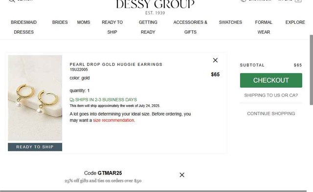 Dessy checkout page showing Dessy coupon code box | Screenshot taken by SimplyCodes community member on Jul 21, 2025