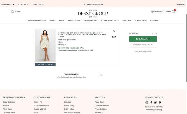 Dessy checkout page showing Dessy coupon code box | Screenshot taken by SimplyCodes community member on Jul 21, 2025