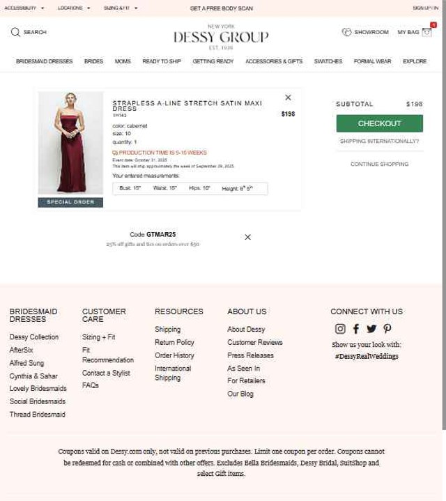 Dessy checkout page showing Dessy coupon code box | Screenshot taken by SimplyCodes community member on Jul 21, 2025