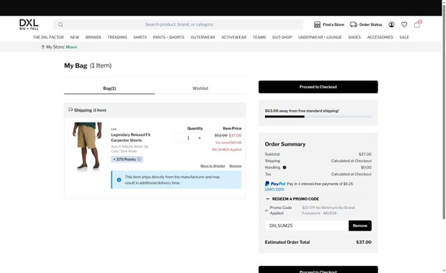 DXL checkout page showing DXL promo code box | Screenshot taken by SimplyCodes community member on Aug 18, 2025