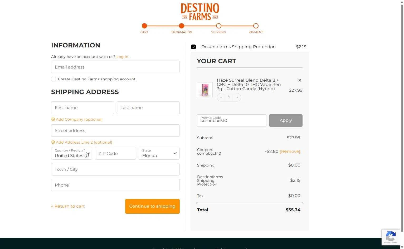 Destino Farms checkout page showing Destino Farms discount code box | Screenshot taken by SimplyCodes community member on Jan 8, 2026