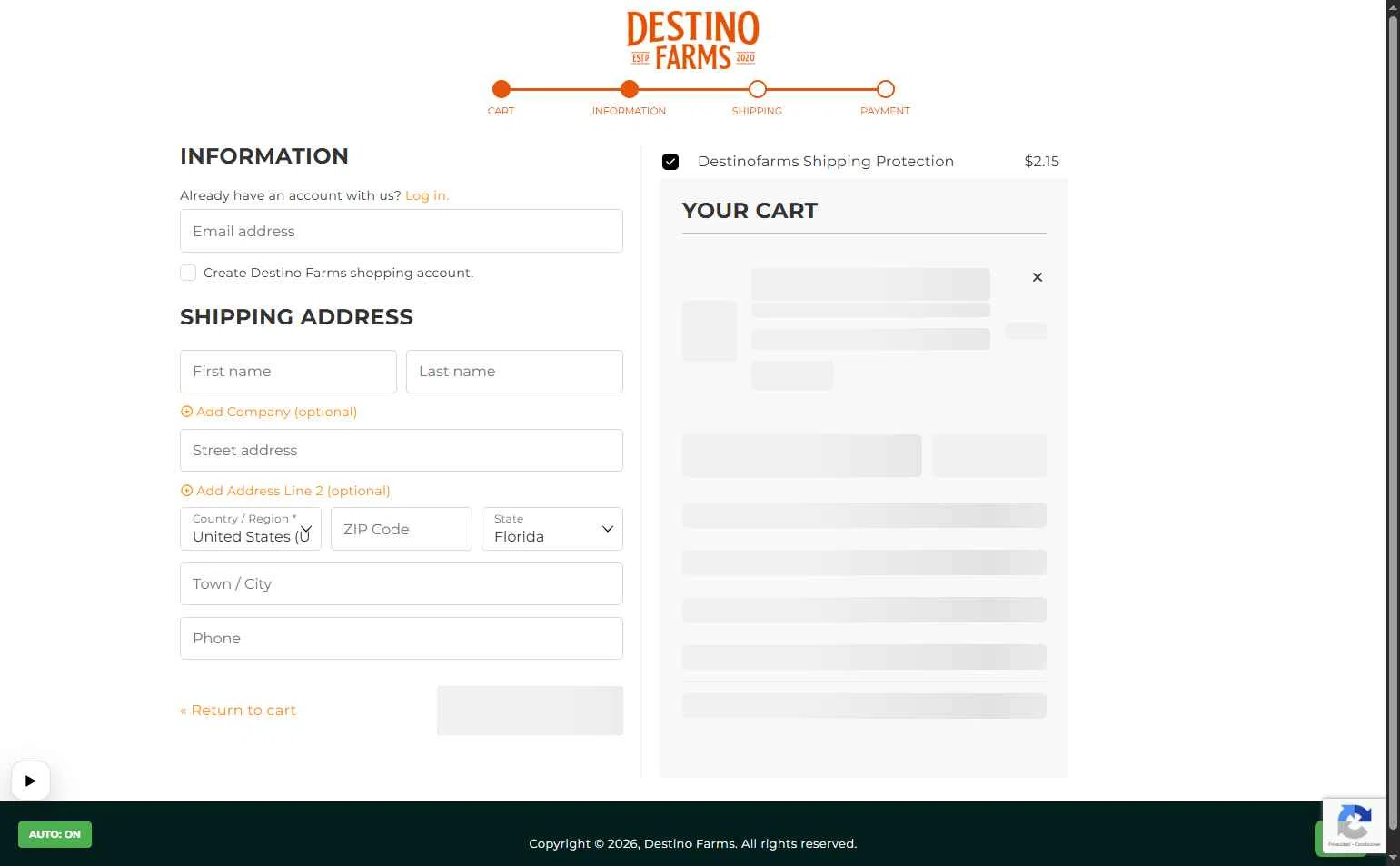 Destino Farms checkout page showing Destino Farms discount code box | Screenshot taken by SimplyCodes community member on Feb 6, 2026