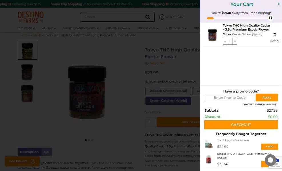 Destino Farms checkout page showing Destino Farms discount code box | Screenshot taken by SimplyCodes community member on Dec 31, 2025
