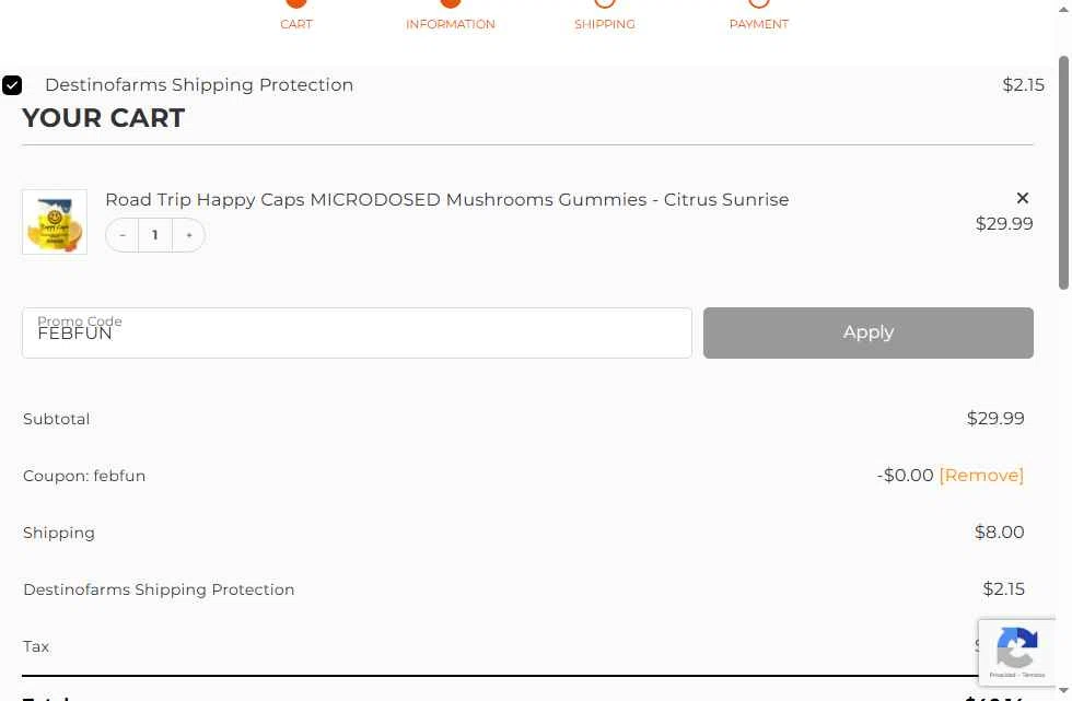 Destino Farms checkout page showing Destino Farms discount code box | Screenshot taken by SimplyCodes community member on Feb 2, 2026