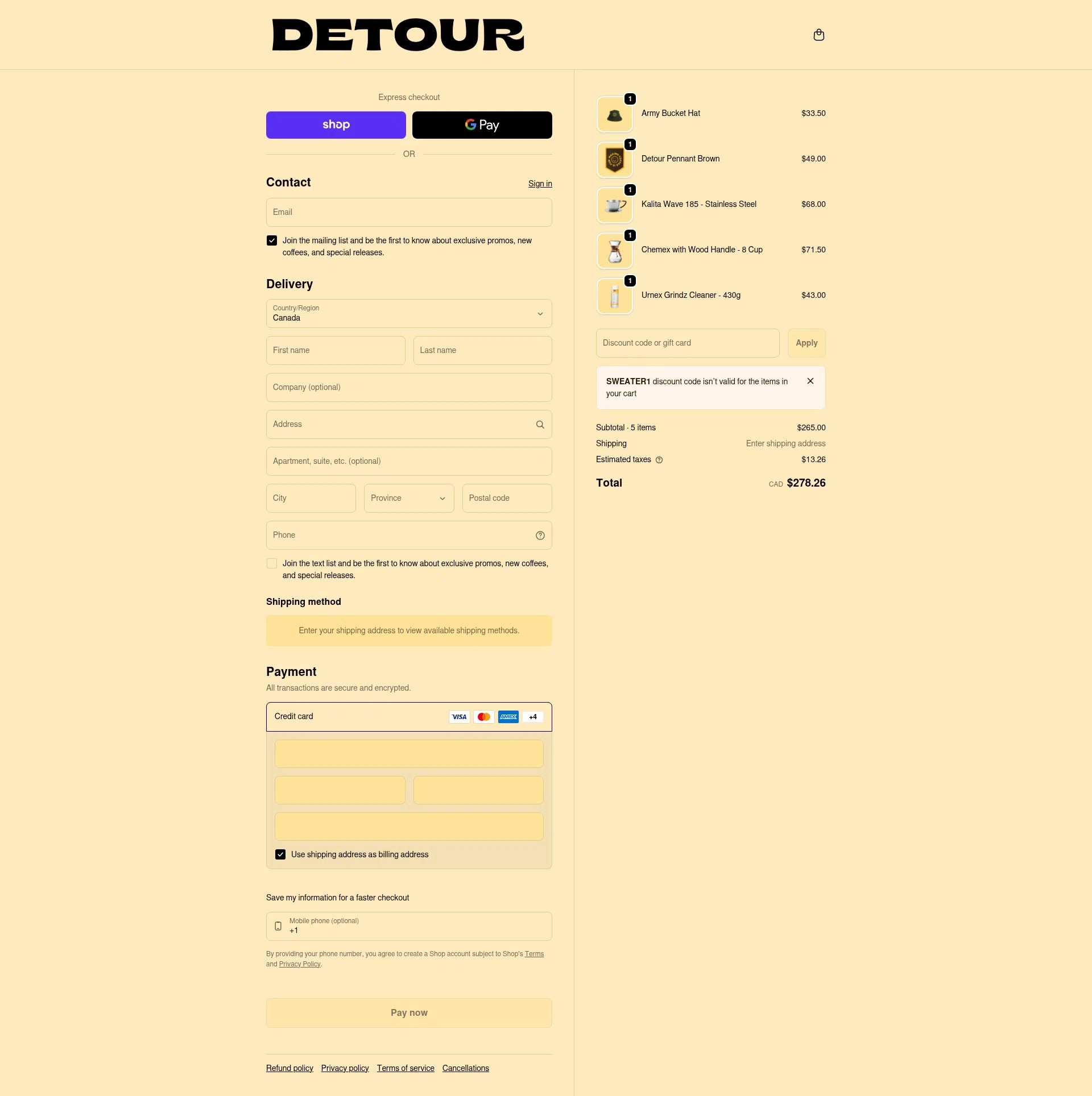 Detour Coffee checkout page showing Detour Coffee discount code box | Screenshot taken by SimplyCodes community member on Jan 31, 2026