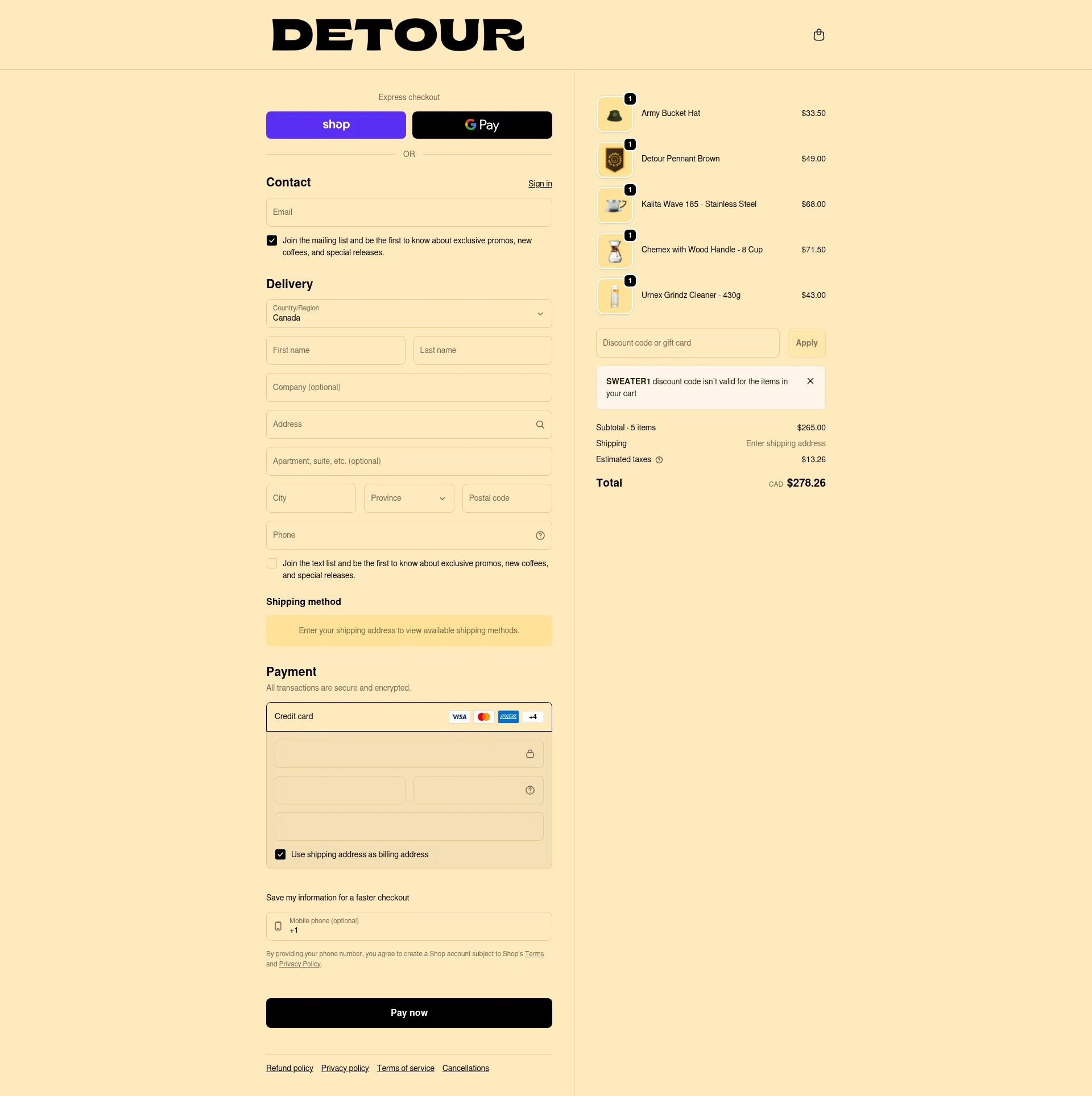 Detour Coffee checkout page showing Detour Coffee discount code box | Screenshot taken by SimplyCodes community member on Feb 5, 2026